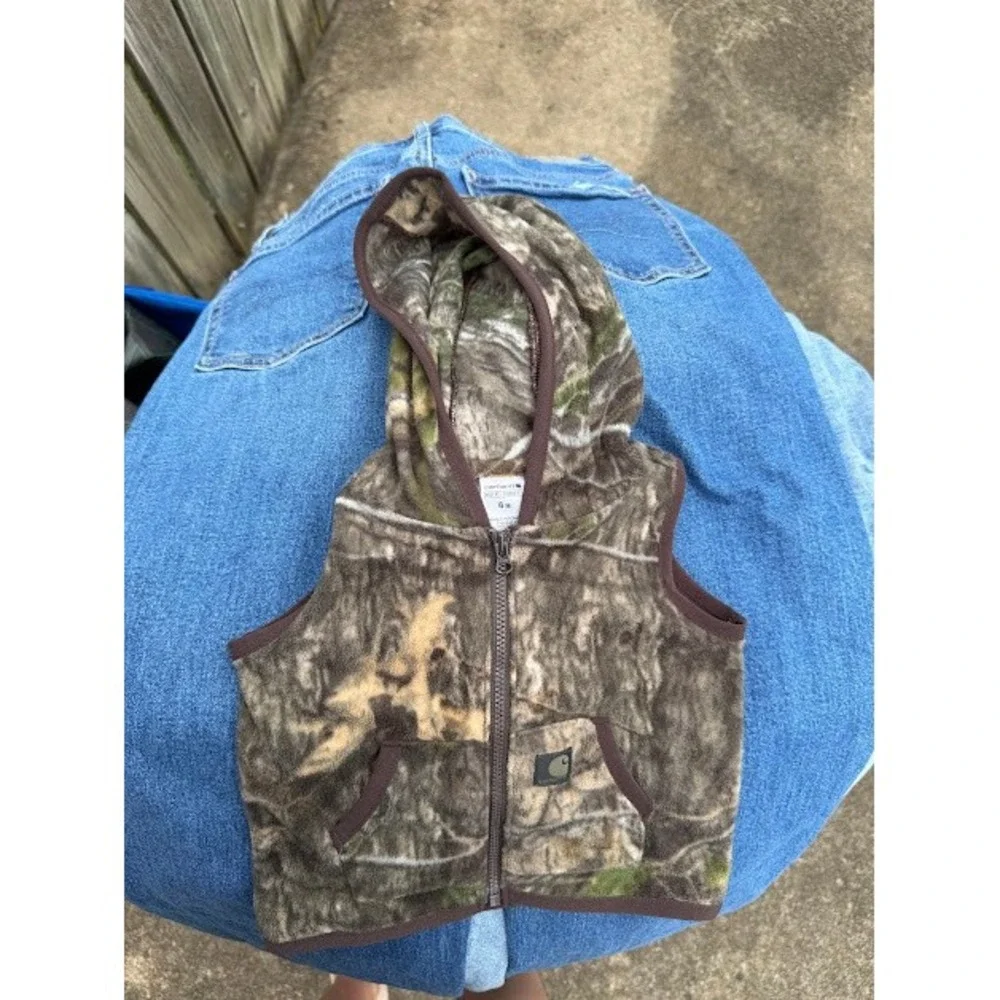 Camo Carhartt Fleece Vest Kids 6M Brown Real Tree Hooded Zip Up ST8886-B Rugged